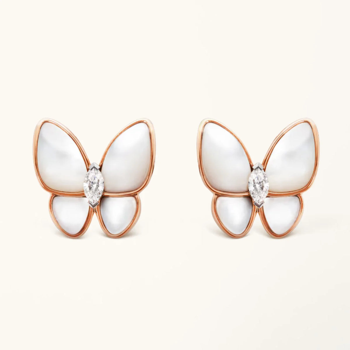 Butterfly Earrings Mother of Pearl Diamond Pink Gold High Quality