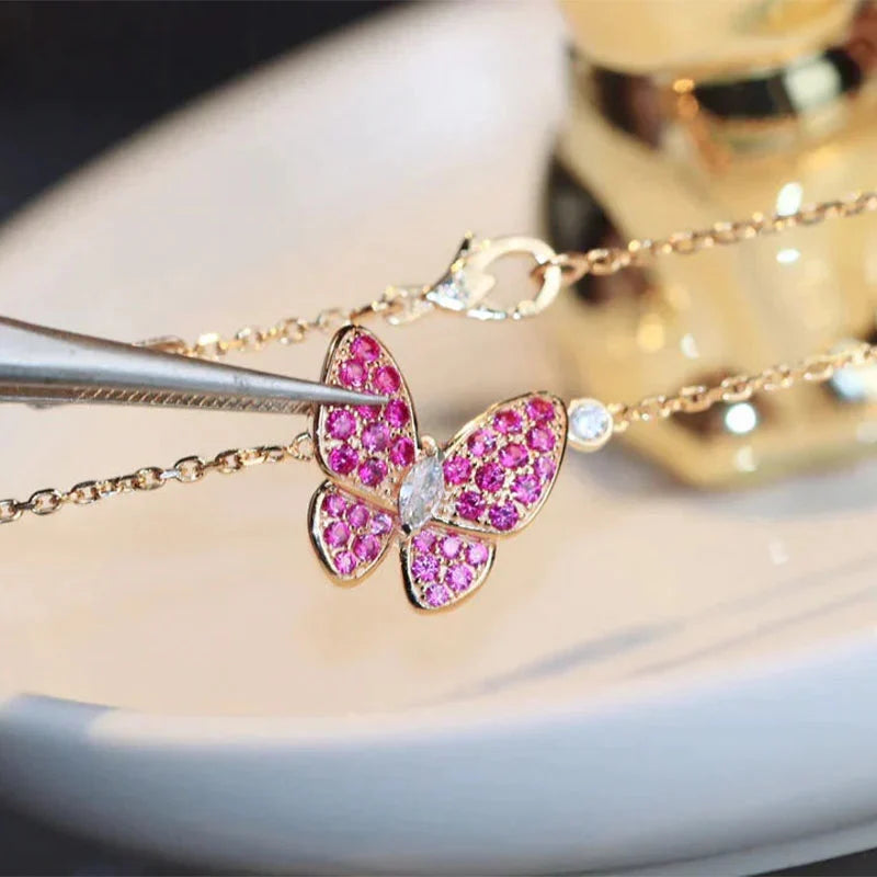 Rose Gold Butterfly Pendant Necklace for Women Pave Sapphire Sparkling Gift Jewelry