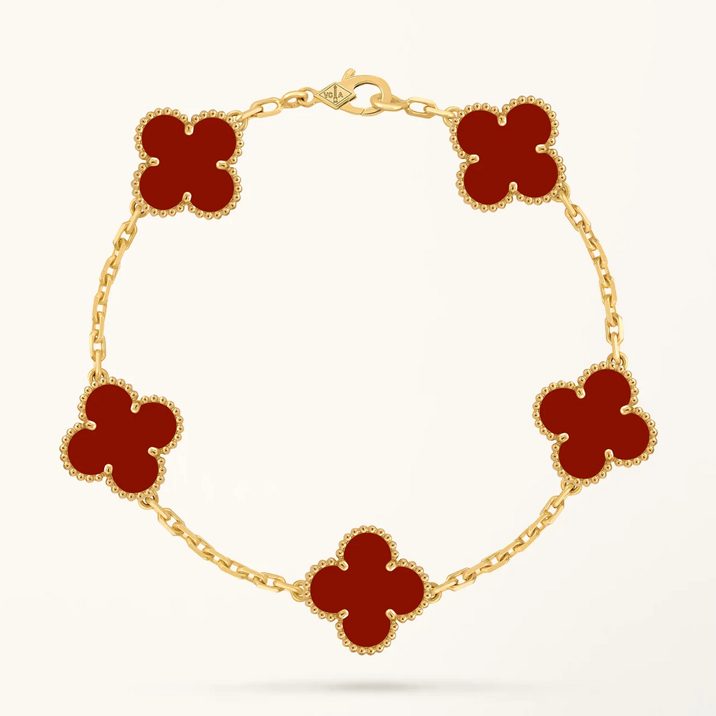 Gold Clover Bracelet for Women Carnelian 5 Motif Gift Jewelry