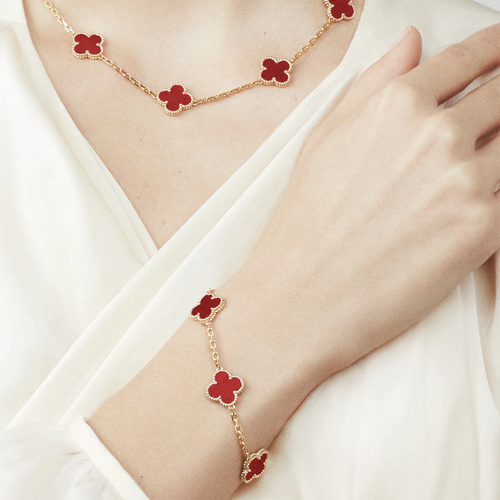 Gold Clover Bracelet for Women Carnelian 5 Motif Gift Jewelry