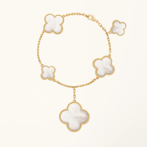 Gold Clover Bracelet for Women White Mother of Pearl 5 Motif Dangle Gift Jewelry