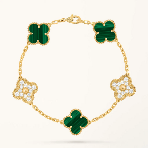 Gold Clover Bracelet for Women Malachite and Cubic Zirconia 5 Motif Gift Jewelry