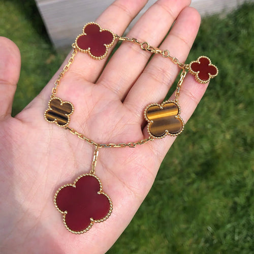 Gold Clover Bracelet for Women Carnelian and Tiger Eye 5 Motif Dangle Gift Jewelry