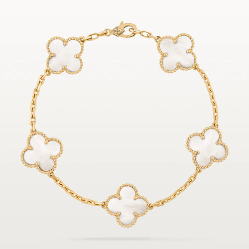 Gold Clover Bracelet for Women White Mother of Pearl 5 Motif Gift Jewelry
