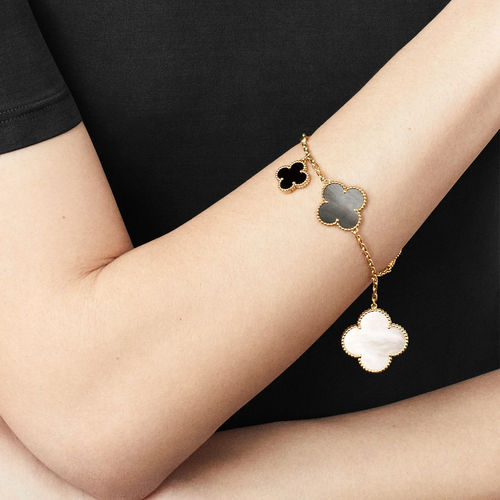 Gold Clover Bracelet for Women Onyx and Mother of Pearl 5 Motif Dangle Gift Jewelry