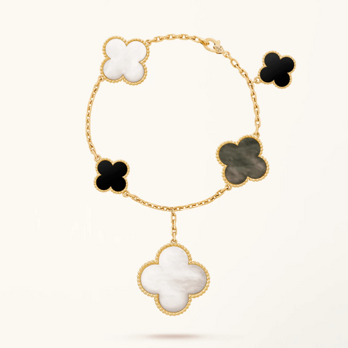 Gold Clover Bracelet for Women Onyx and Mother of Pearl 5 Motif Dangle Gift Jewelry