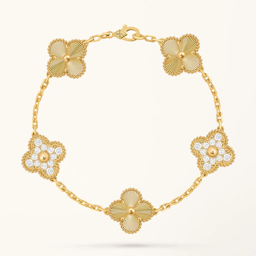 Gold Clover Bracelet for Women Sunburst and Cubic Zirconia 5 Motif Gift Jewelry