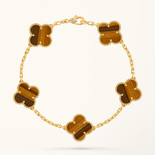 Gold Clover Bracelet for Women Tiger Eye 5 Motif Gift Jewelry