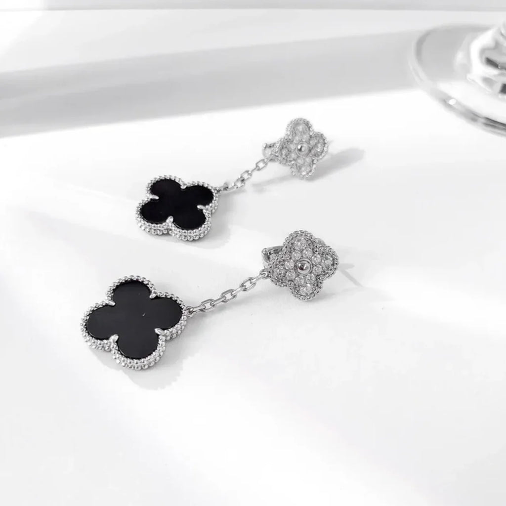 Clover Earrings 2 Motifs Silver Diamond Onyx Drop Design High Quality