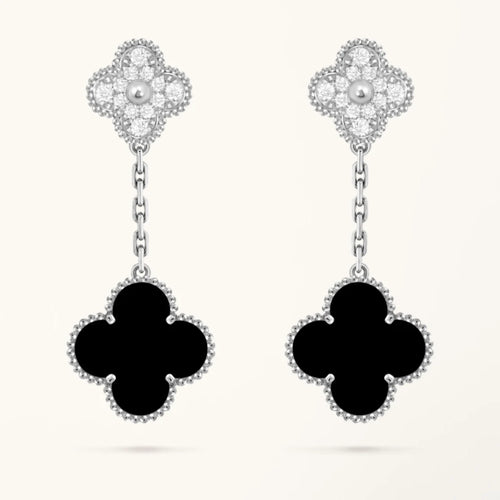 Clover Earrings Diamond Onyx Drop Silver Luxury Design High Quality