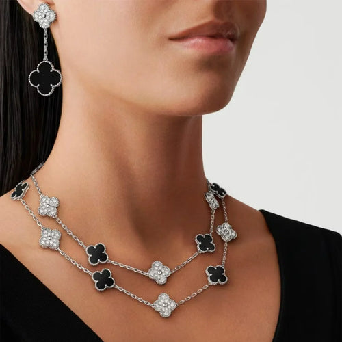 Clover Earrings Diamond Onyx Drop Silver Luxury Design High Quality