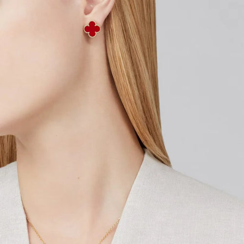 Clover Earrings Medium Yellow Gold Plated Carnelian Motif High Quality
