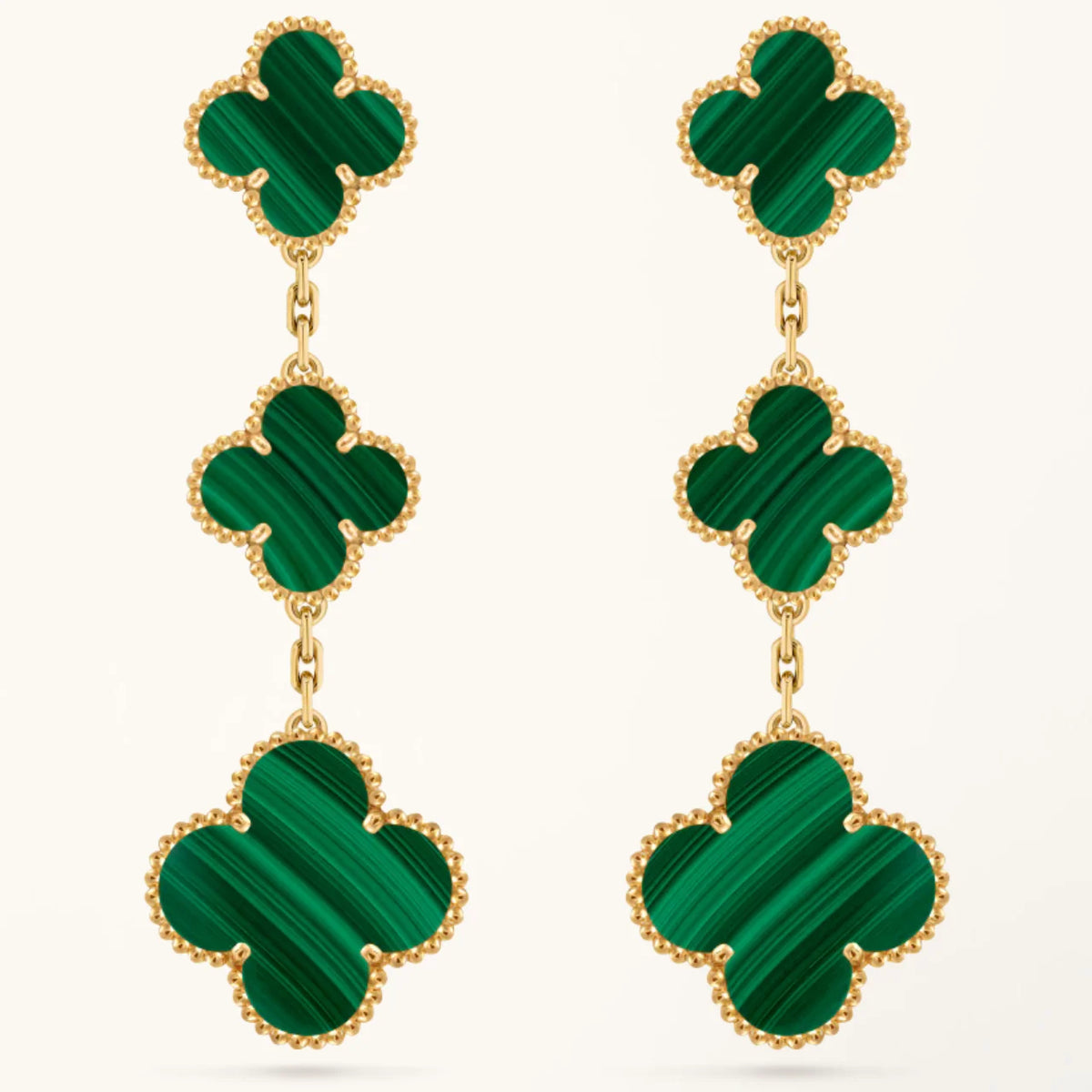 Clover Earrings Gold Malachite 3 Motifs Drop Design High Quality