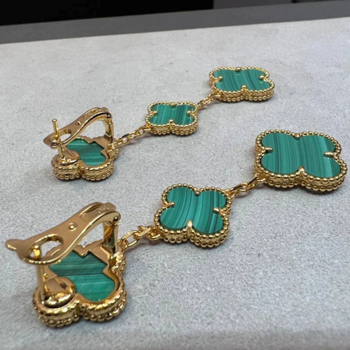 Clover Earrings Gold Malachite 3 Motifs Drop Design High Quality