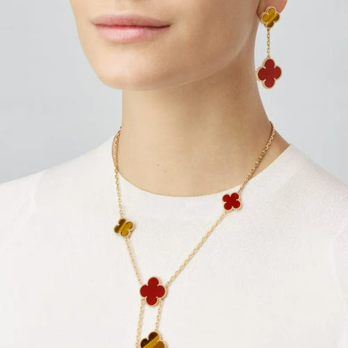 Clover Earrings Gold Tiger Eye Carnelian 2 Motifs Elegant High Quality