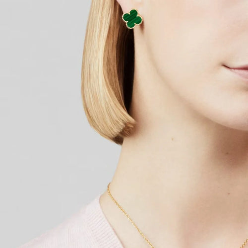 Clover Earrings Medium Yellow Gold Plated Malachite Motif High Quality