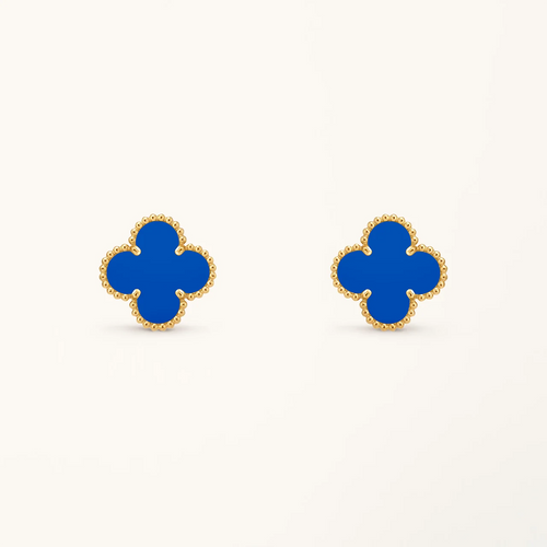 Clover Earrings Medium Yellow Gold Plated Blue Agate Motif High Quality