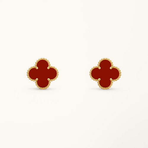 Clover Earrings Medium Yellow Gold Plated Carnelian Motif High Quality