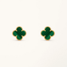 Clover Earrings Medium Yellow Gold Plated Malachite Motif High Quality