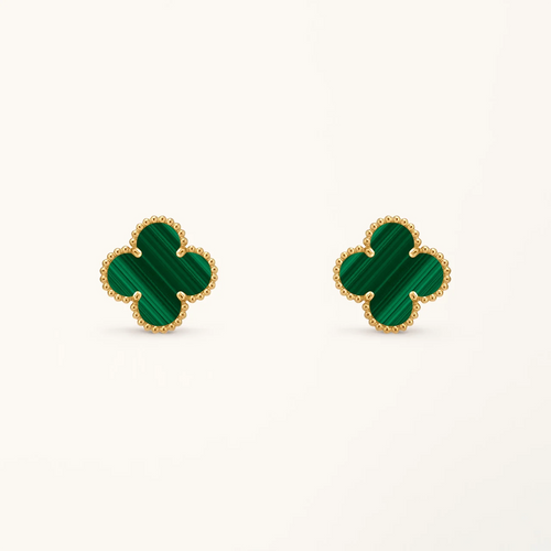 Clover Earrings Medium Yellow Gold Plated Malachite Motif High Quality