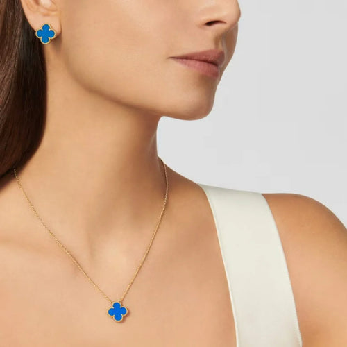 Clover Earrings Medium Yellow Gold Plated Blue Agate Motif High Quality