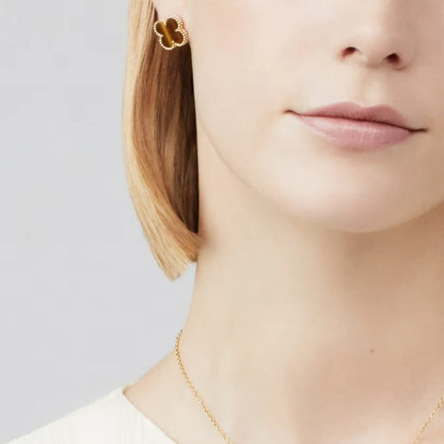 Clover Earrings Tiger Eye Gold Stud Classic Design High Quality