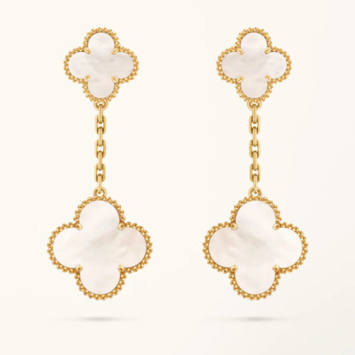 Clover Earrings White Mother Of Pearl Gold 2 Motifs Drop High Quality