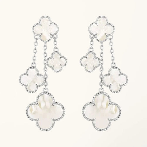 Clover Earrings White Mother of Pearl 4 Motifs Silver Drop Design High Quality