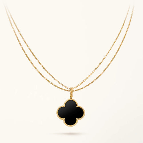 Gold Clover Pendant Necklace for Women Onyx 1 Motif Gift Jewelry