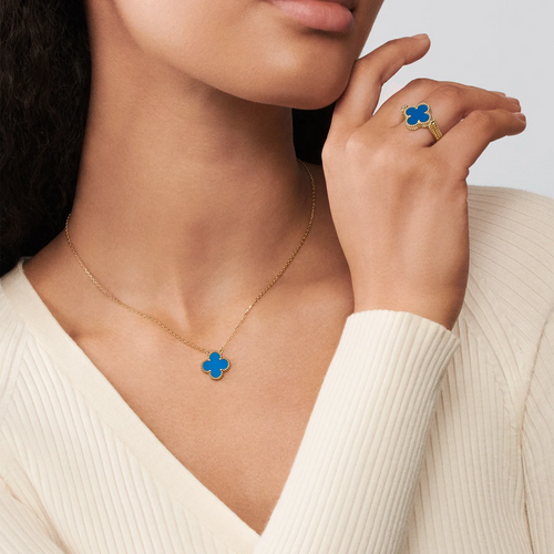 Gold Clover Necklace for Women Blue Agate 1 Motif Gift Jewelry