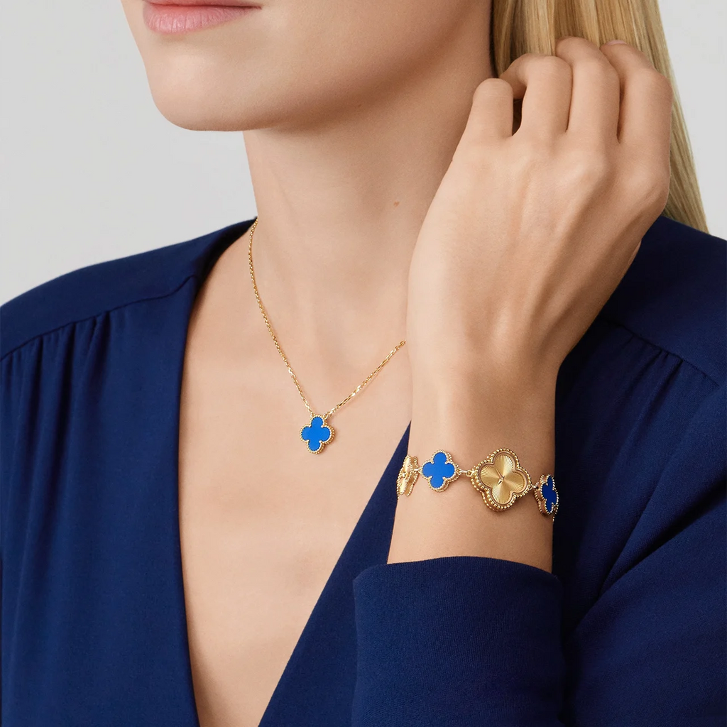 Gold Clover Necklace for Women Blue Agate 1 Motif Gift Jewelry