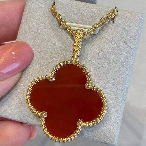 Gold Clover Pendant Necklace for Women Carnelian 1 Motif Gift Jewelry
