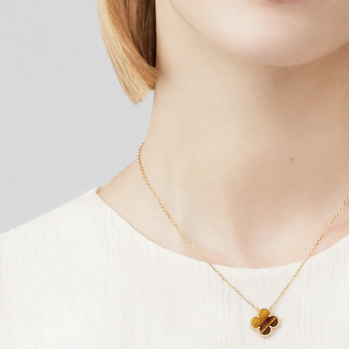 Gold Clover Necklace for Women Tiger Eye 1 Motif Gift Jewelry