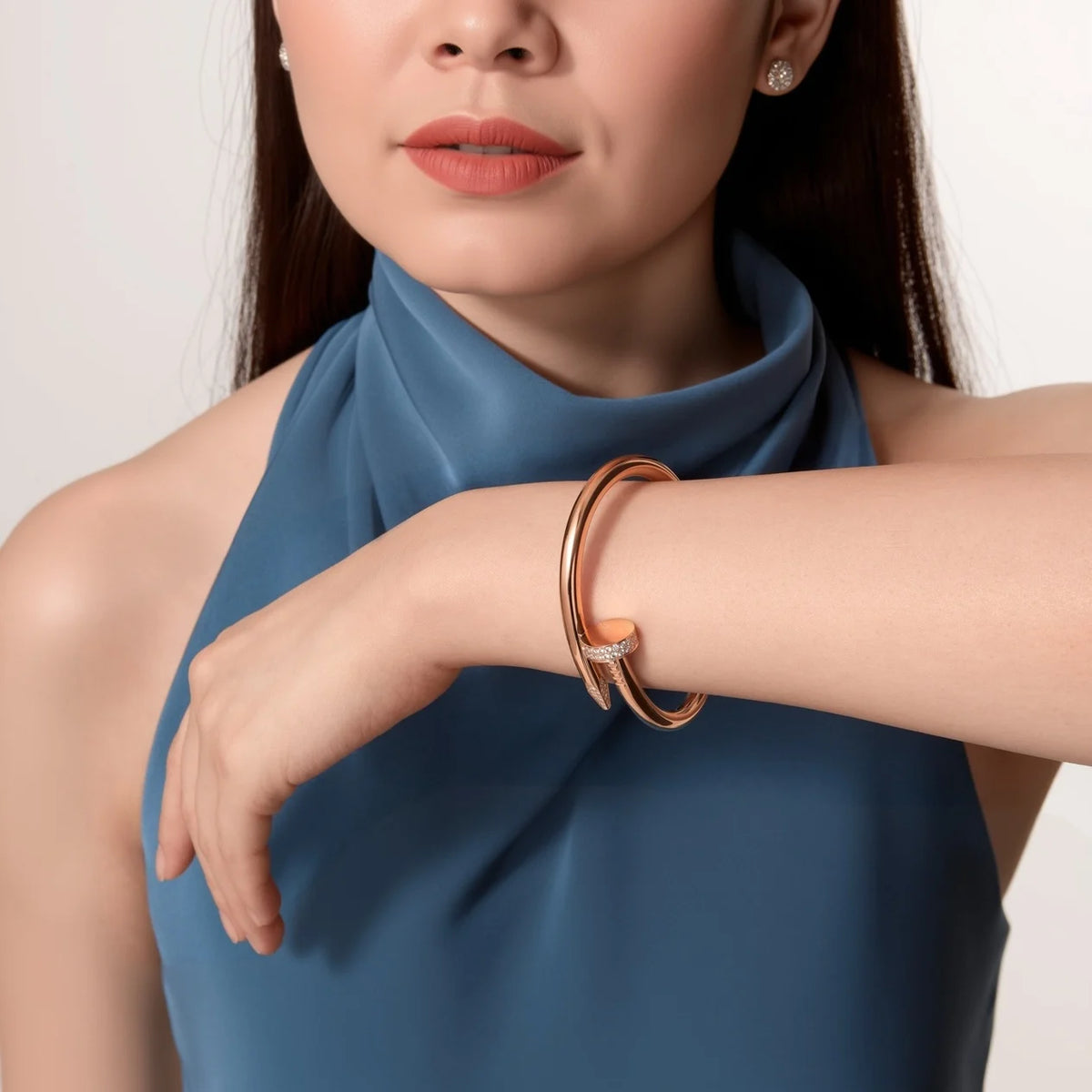 Elegant Pink Gold Nail-Inspired Bangle with Sparkling Crystals, Large Model
