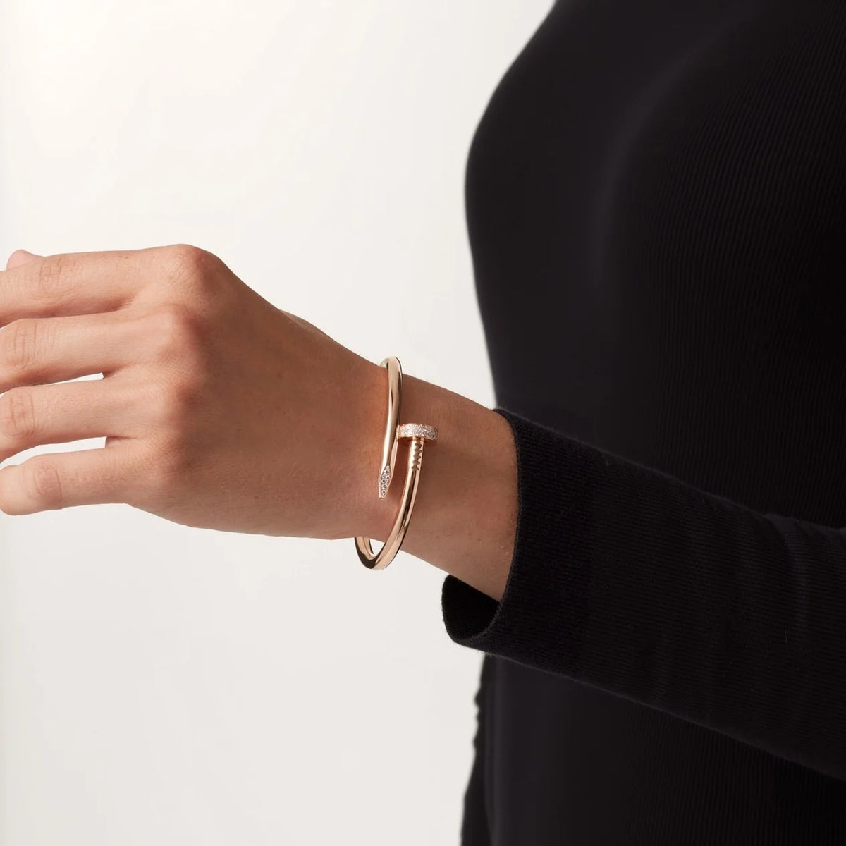 Elegant Pink Gold Nail-Inspired Bangle with Sparkling Crystals, Large Model