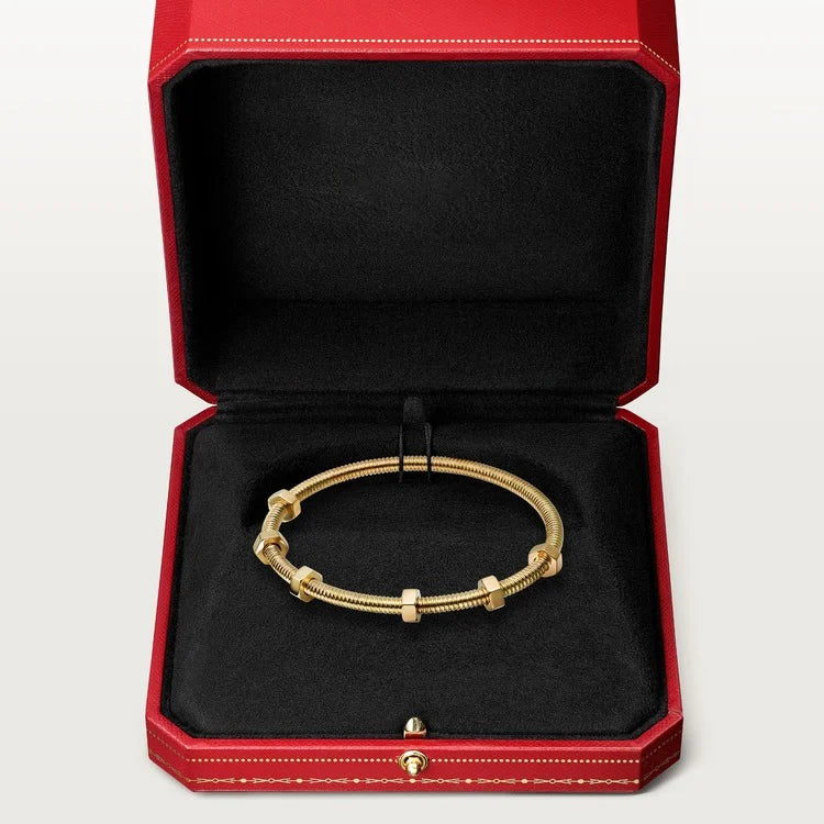 Gold Coil Bangle Bracelet with Hex Nut Accents – Industrial-Inspired Minimalist Jewelry for Men and Women