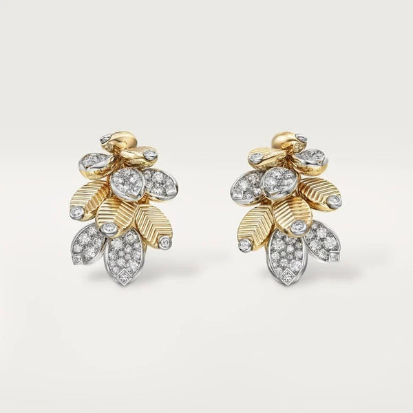 Gold Dew in the Leaves – Diamond-Encrusted Botanical Earrings for Radiant Femininity