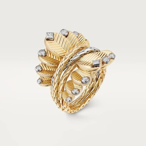 Gold Garden Of Graceful Layers – Leafy Ring Design With Interwoven Texture And Stones