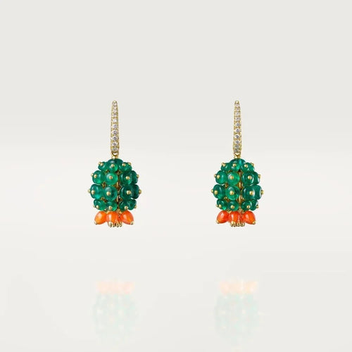 Gold Garden of Bloom – Beaded Fruit-Inspired Drop Earrings in Emerald and Flame