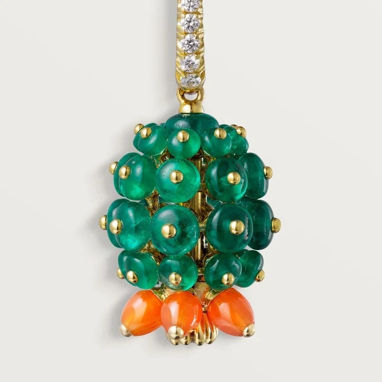 Gold Garden of Bloom – Beaded Fruit-Inspired Drop Earrings in Emerald and Flame