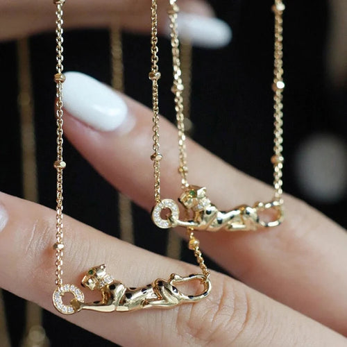 Golden Huntress – Fierce Leopard Necklace with Enamel Spots and Dazzling Accents