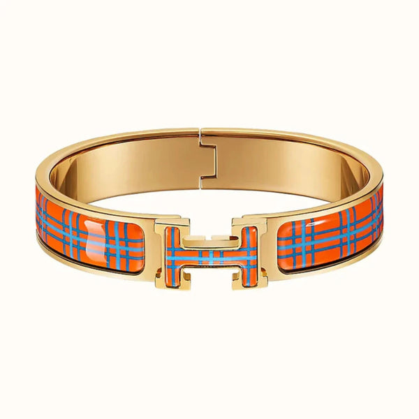 H Tartan Bracelet Bangle Orange Blue Enamel 12mm High Quality