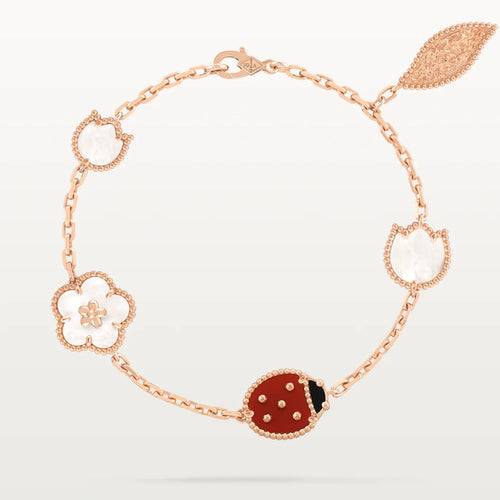 Rose Gold Charm Bracelet for Women Multi Motif Ladybug Flower Leaf Gift Jewelry