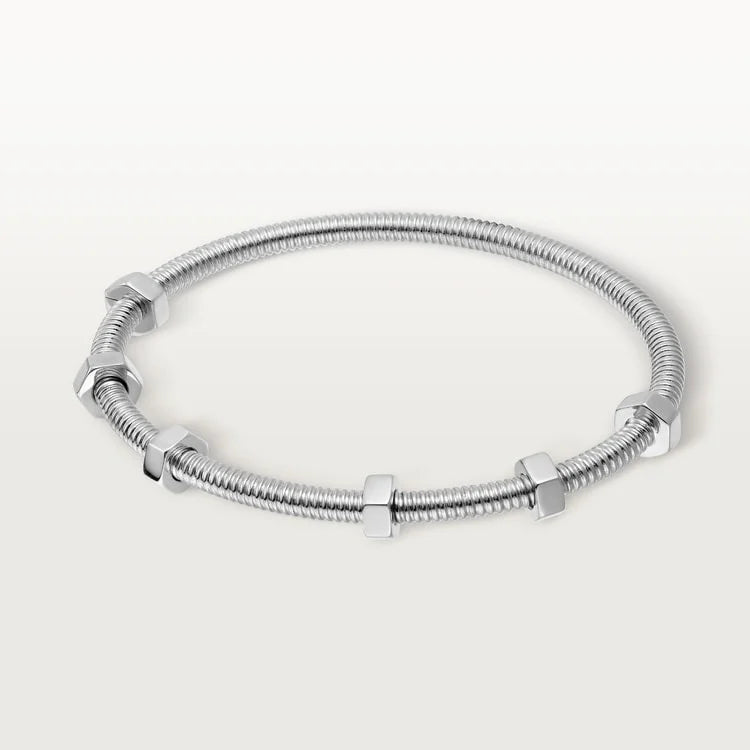 White Gold Coil Bangle Bracelet with Hex Nut Accents – Industrial-Inspired Minimalist Jewelry for Men and Women