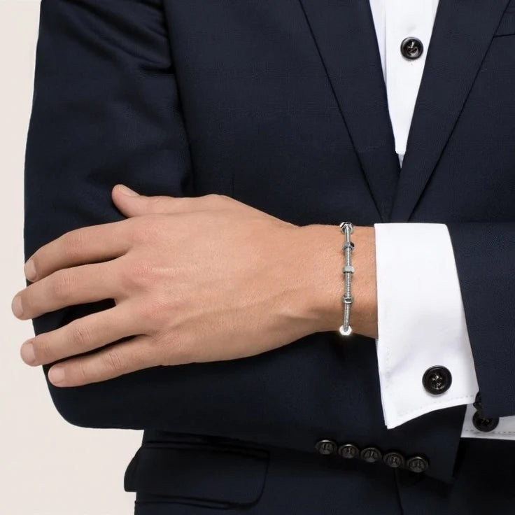 White Gold Coil Bangle Bracelet with Hex Nut Accents – Industrial-Inspired Minimalist Jewelry for Men and Women