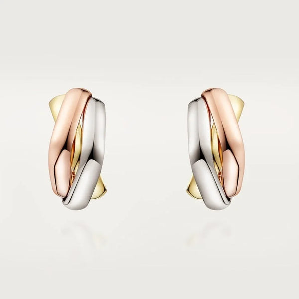 Tri Gold Weave of Time – Elegant Hoops with Rose, Silver, and Yellow Flow