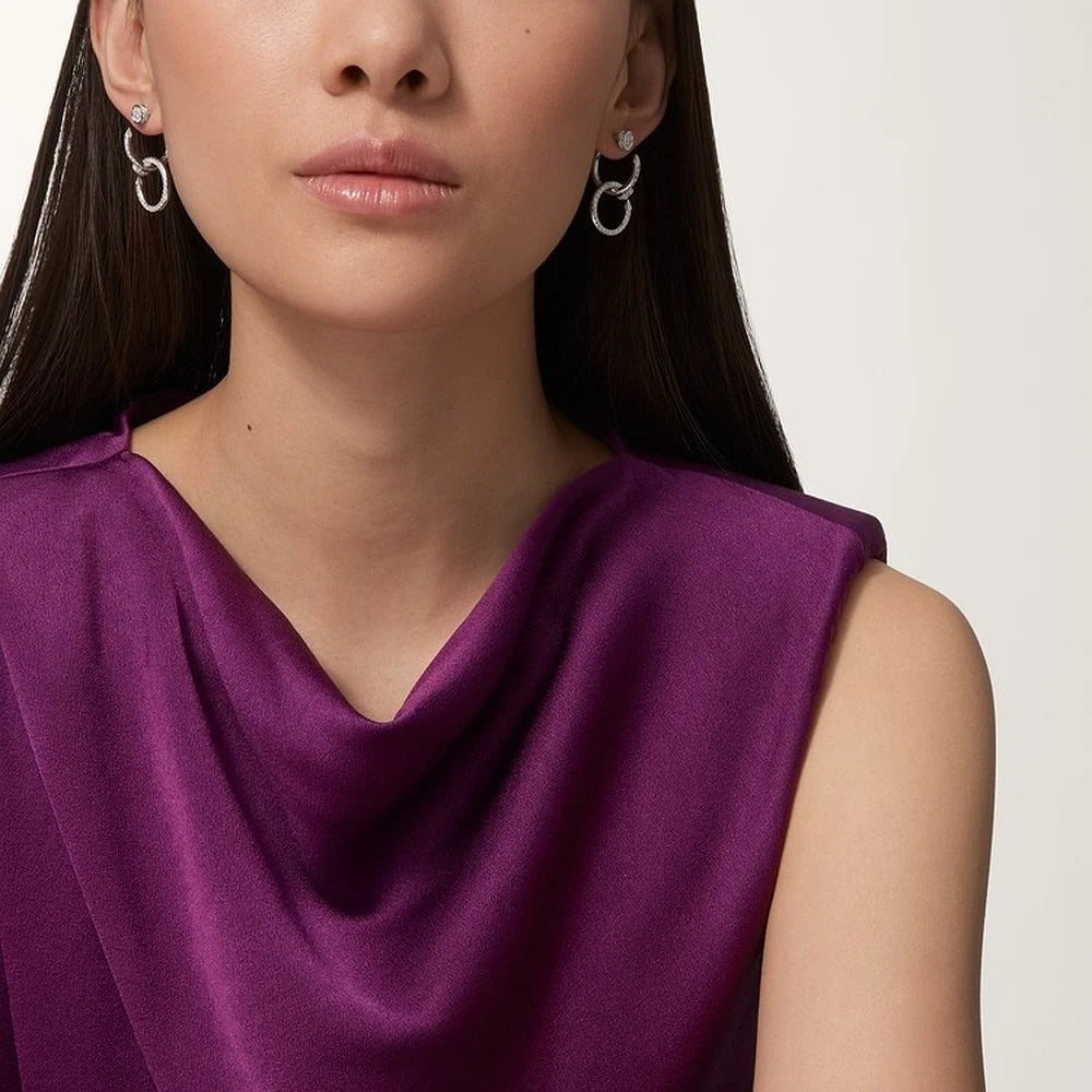 White Gold Tone Clou Douple Earrings With Sparkling Stone Gift Ideas For Her