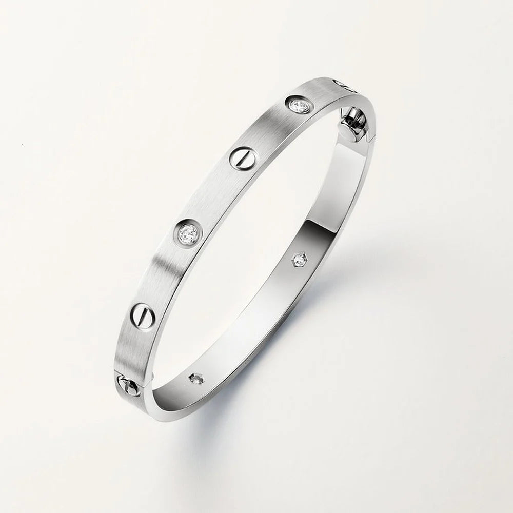 White Gold Tone Screw Motifs Love Bracelet Classic Model With Sparkling Stone