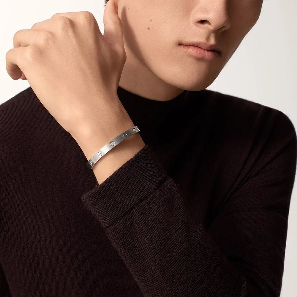 White Gold Tone Screw Motifs Love Bracelet Classic Model With Sparkling Stone