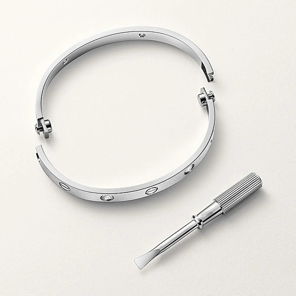 White Gold Tone Screw Motifs Love Bracelet Classic Model With Sparkling Stone